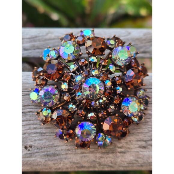 Vintage Joan Rivers Topaz Aurora Borealis Round Domed Rhinestone Brooch, 2" - Picture 2 of 6